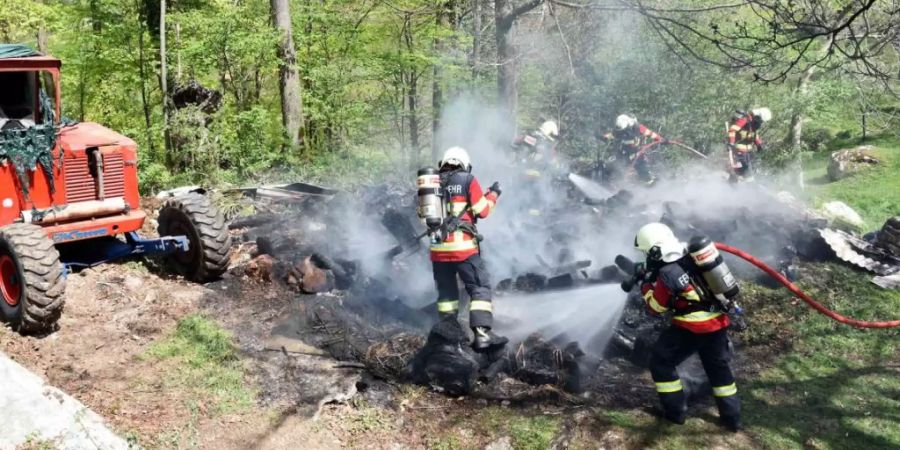 Am Waldrand in Obbürgen fing eine Holzbeige Feuer - ein Anwohner verletzte sich beim Löschversuch.