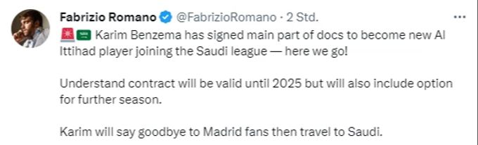 Fabrizio Romano vermeldet den Transfer von Karim Benzema als perfekt. Fabrizio Romano