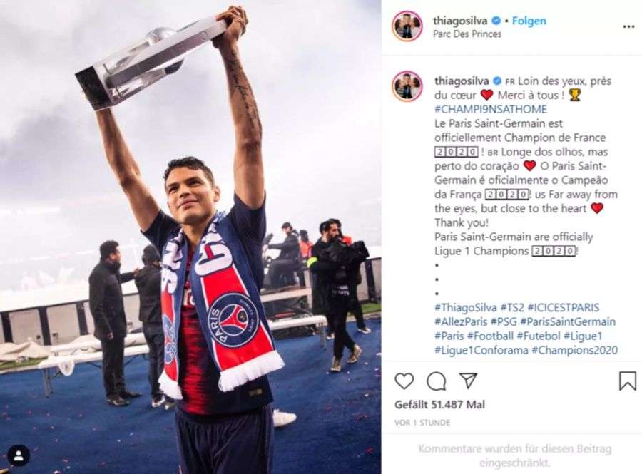 Und Kapitän Thiago Silva feiert schon seinen siebten Ligue-1-Titel mit Paris.