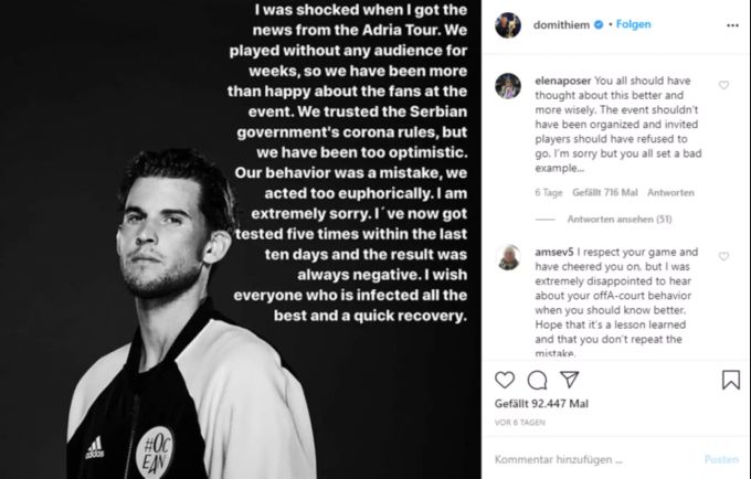 Via Instagram meldete sich Dominic Thiem nachdem die Adria Tour abgesagt wurde. Dominic Thiem Djokovic