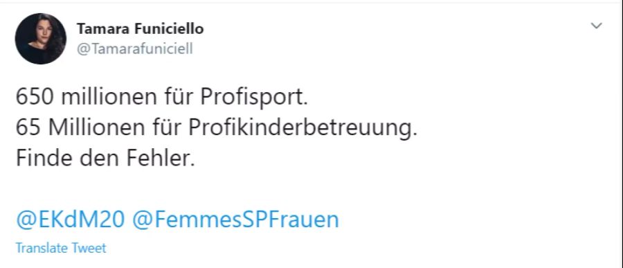 Tamara Funiciello ärgert sich auf Twitter über die Kredite für den Profisport.