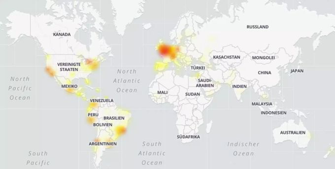 Das Portal «Alle Störungen» zeigt auf einer Karte, wo die Probleme mit WhatsApp am Dienstagabend auftraten. WhatsApp