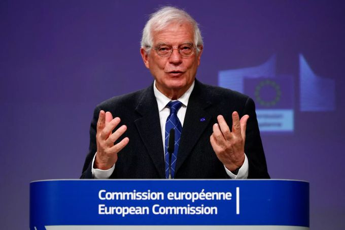 Josep Borrell, Hoher Vertreter der EU für Aussen- und Sicherheitspolitik, leitet eine virtuelle Konferenz in einem Gebäude der Europäischen Kommission. Josep Borrell