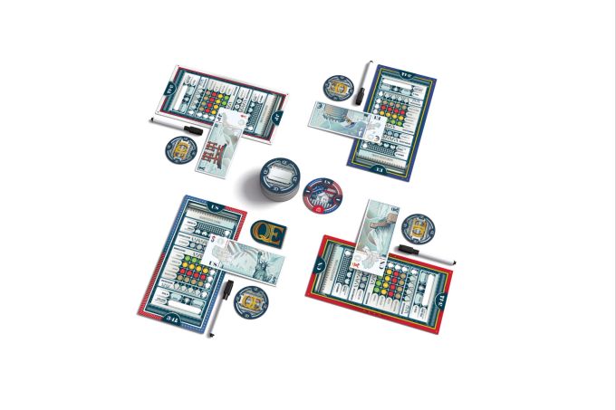 Einfach mal so viel ausgeben, wie man möchte? Das ist beim Bietspiel «Q.E.» ohne Begrenzung möglich. Brettspiel Q.E. Geldscheine Stifte