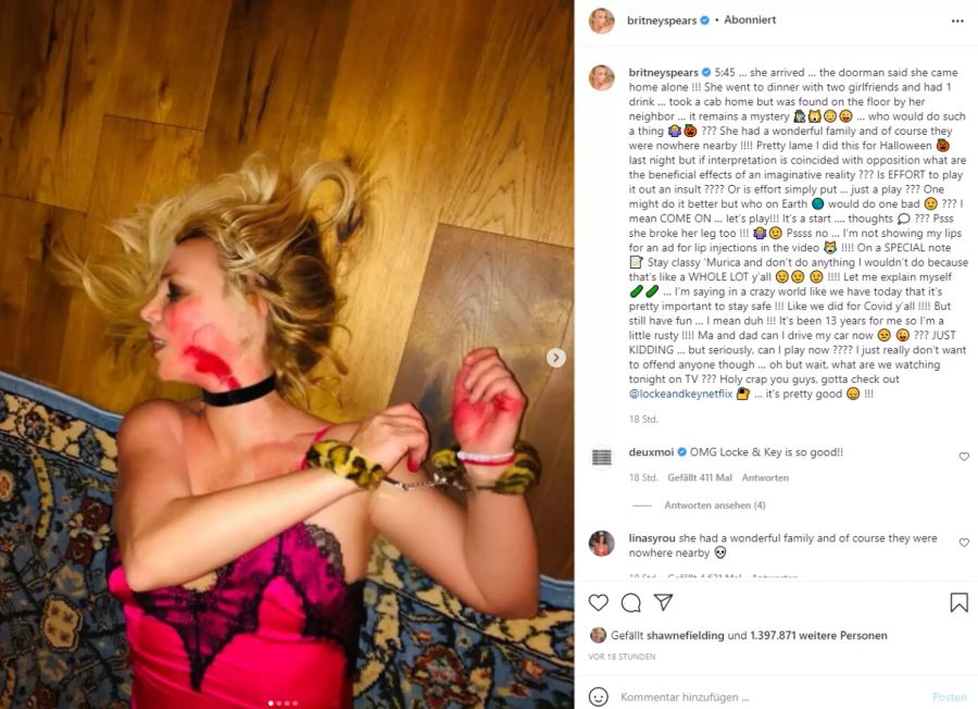 Gruselig! Britney Spears verkleidete sich an Halloween als Leiche.