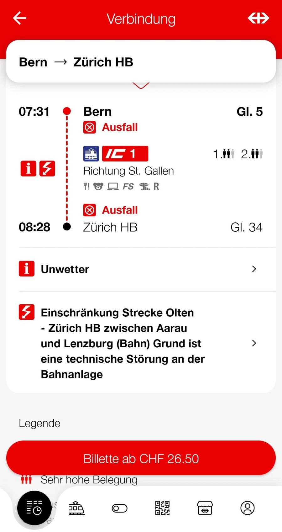 SBB Störung Zugausfälle Zürich-Bern