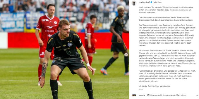 Bradley Fink entschuldigt sich nur Stunden nach seinem Tor für seinen Torjubel. Bradley Fink GC FCB
