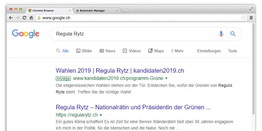 Erster Treffer bei Google nach dem Namen Regula Rytz, Parteipräsidentin Grüne, ist kanidaten2019.ch.