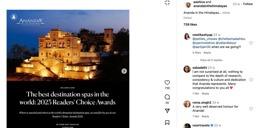 Instagram Post Ananda Hotel Best Destination Spa in the world 2023.