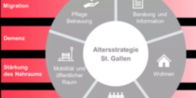 Überblick über die Handlungsfelder (grau) und Querschnittsthemen (rot). St. Gallen