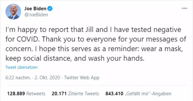 Joe Biden und seine Frau Jill sind negativ auf das Coronavirus getestet worden. joe biden