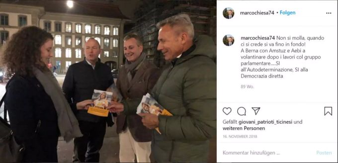 Chiesa verteilt Flyer zur Selbstbestimmungsinitiative mit Adrian Amstutz im November 2018. Marco Chiesa