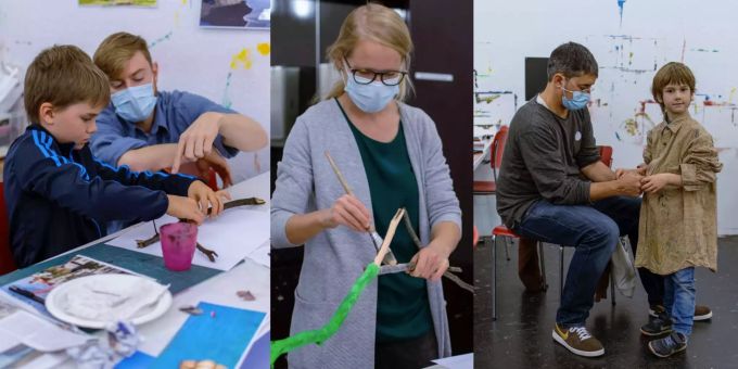 Von links: Juri, Dominik, Corinne, Nicolaus und Lovis im offenen Atelier des Aargauer Kunsthauses in Aarau. Aargauer Kunsthaus Aarau