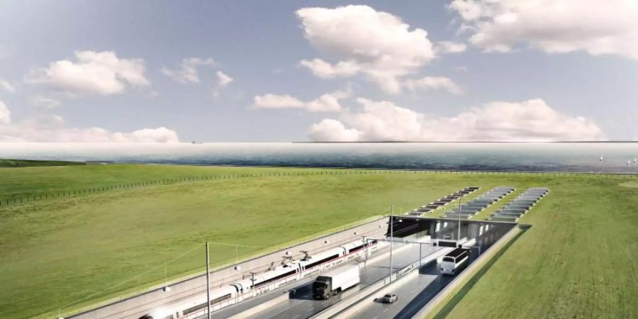 Eine Visualisierung des geplanten Fehmarnbelt-Tunnels zwischen Deutschland und Dänemark mit dem Tunneleingang auf dänischer Seite bei Rodbyhavn. Foto: ICONO A/S/Femern A/S/dpa