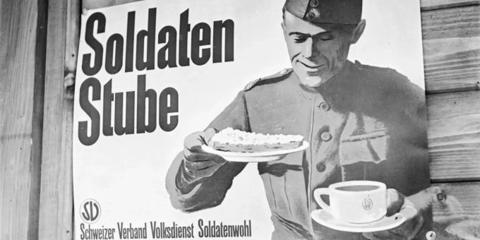 Ein Plakat fuer eine vom Schweizer Verband Volksdienst Soldatenwohl betriebene Soldatenstube in Aarau 1943. Soldatenstube