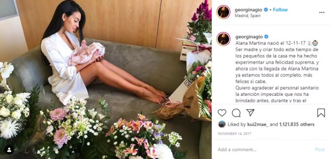 Georgina Rodriguez nach der Geburt ihrer Tochter Alana Martina im November 2017. Georgina Rodriguez