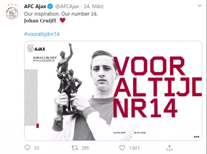 Auch der AFC Ajax erinnert an die Fussball-Legende Cruyff. johan cruyff