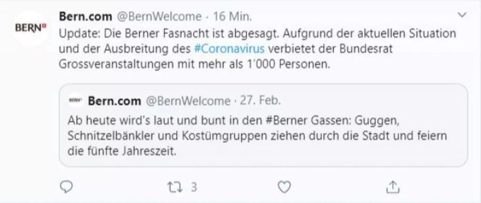 Das Tourismusbüro von Bern bestätigt: «Die Berner Fasnacht ist abgesagt.»