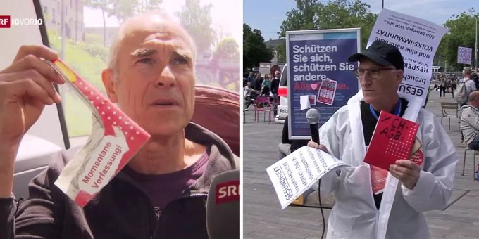 Der Initiator der Corona-Mahnwache in Bern, Alec Gagneux, sieht die Bundesverfassung in Fetzen (links), während ein Demonstrant in Zürich die Verfassung als «AGBs der Schweiz» um den Hals gehängt hat. Coronavirus Verfassung Bundesverfassung