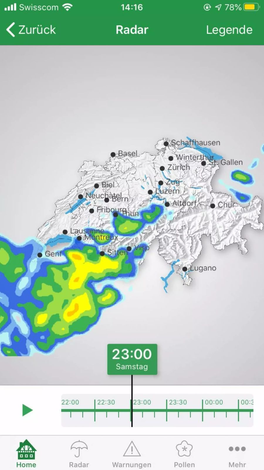 Laut Landi-App wird das Wetter heute zwischen 22 und 23 Uhr nicht ideal, um die Starlink-Satelliten zu sehen.