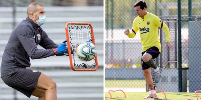 Links: Bilbao-Coeach Gaizka Garitano legt den Ball ab. Rechts: Barças Lionel Messi absoviert Lauftraining. Coronavirus