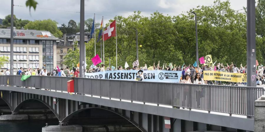 Demonstranten der Umweltgruppierung Extinction Rebellion auf der Zürcher Quaibrücke.