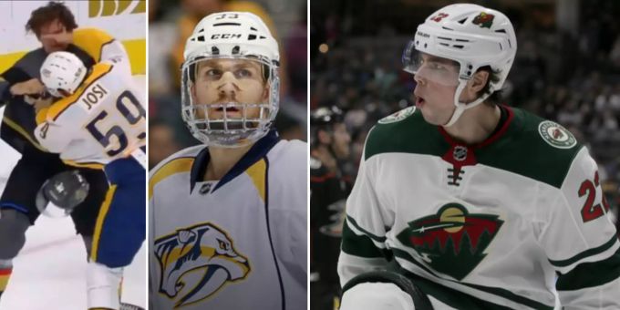 Auf einen Faustkampf müsste Roman Josi bei einer Wiederaufnahme der NHL möglicherweise verzichten. Zudem müssten die NHL-Stars ein Vollvisier tragen: hier Viktor Arvidsson. NHL