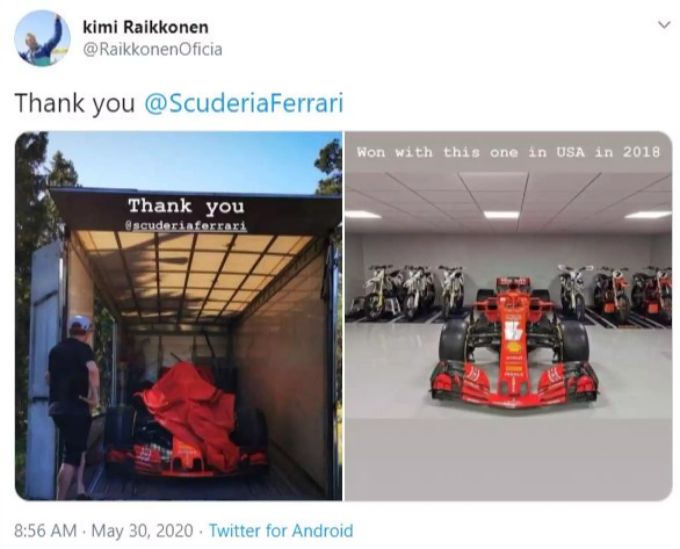 Kimi Räikkönen präsentiert auf Twitter die Lieferung von Ferrari. Kimi Räikkönen