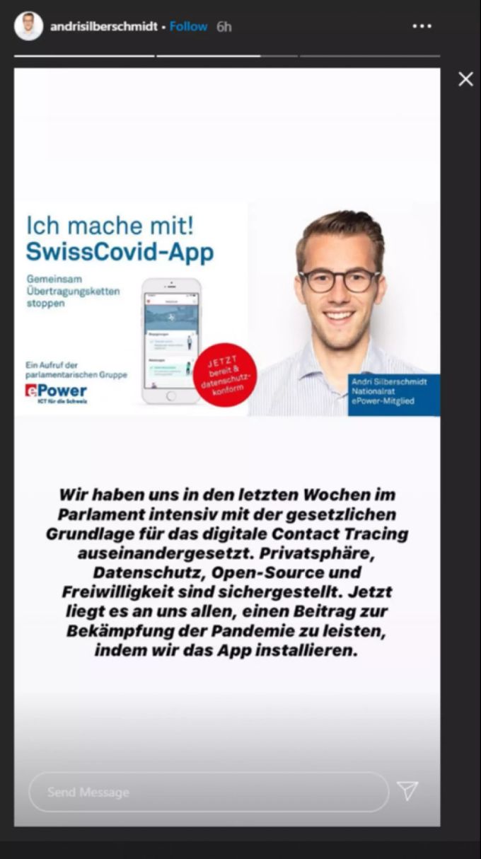 Andri Silberschmidt macht auf Instagram Werbung für die Contact Tracing-App. Silberschmidt CovidApp