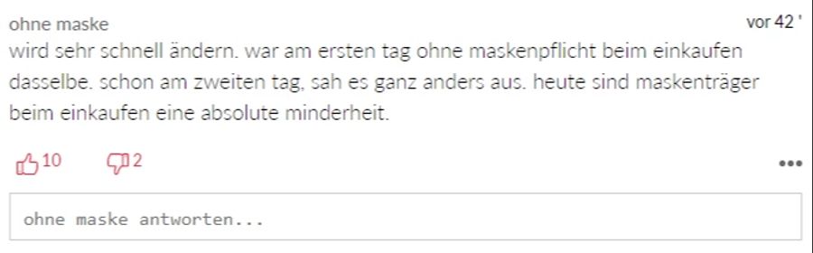 Dieser Leser glaubt, dass die Maskenträger wie beim Einkaufen auch im ÖV bald eine Minderheit sein werden.