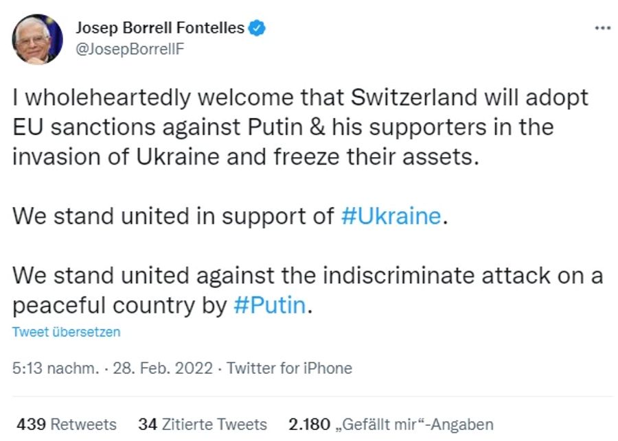 Josep Borrell applaudiert der Schweiz für die Übernahme der EU-Sanktionen gegen Russland.