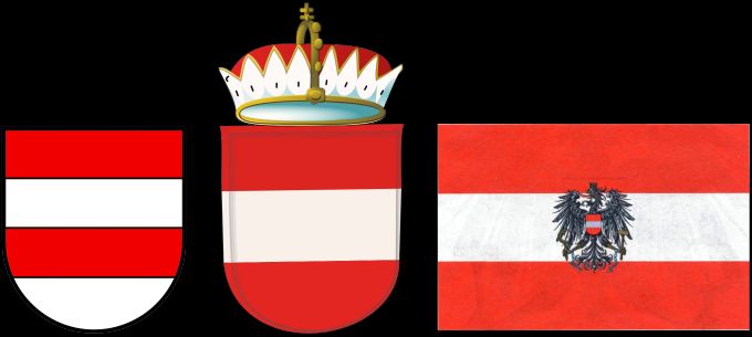 Das Wappen der Stadt Zofingen (links), das wie Wappen und Flagge Österreichs (rechts) auf dem von den Habsburgern verwendeten «Bindenschild» (Mitte) beruht. Zofingen