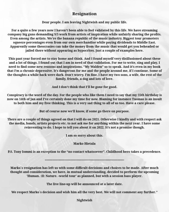 Hier das ausführliche Statement der Metal-Band Nightwish. Nightwish