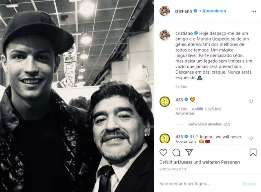 Auch Cristiano Ronaldo postet ein Bild mit dem Argentinier.