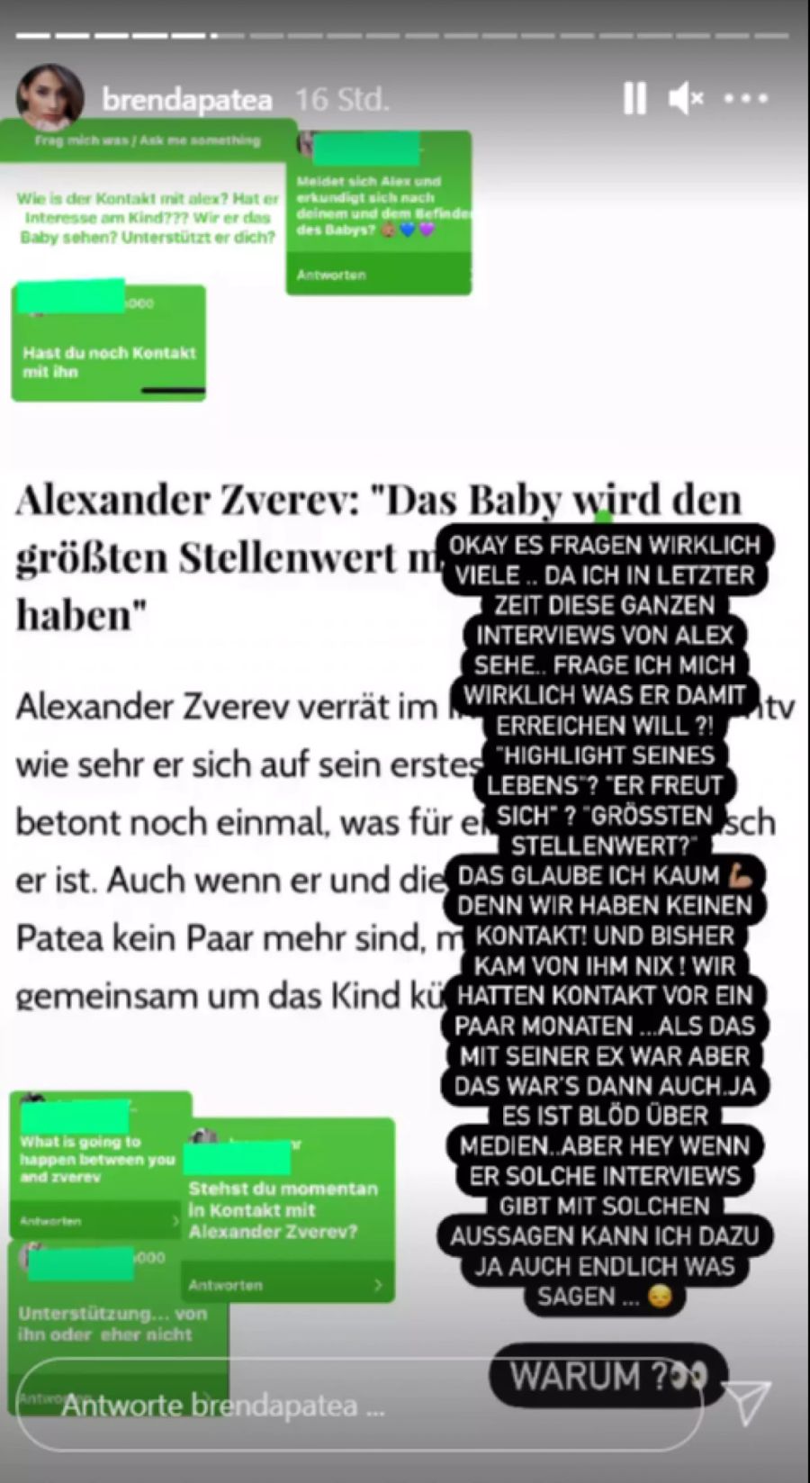 Brenda Patea rechnet auf Instagram mit ihrem Ex Alexander Zverev ab.