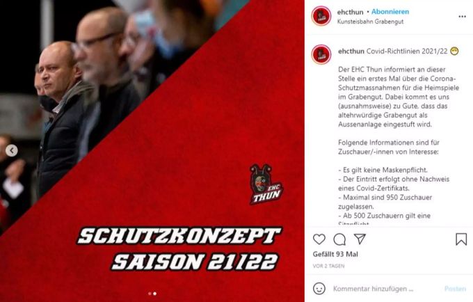 Der EHC Thun gab diese Woche die Covid-Richtlinien für die neue Saison bekannt. EHC Thun
