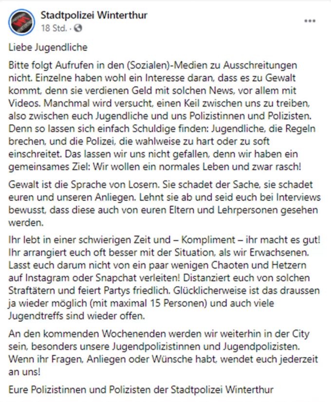 Die Stadtpolizei Winterthur veröffentlichte einen offenen Brief an die Jugendlichen der Schweiz. Offener Brief