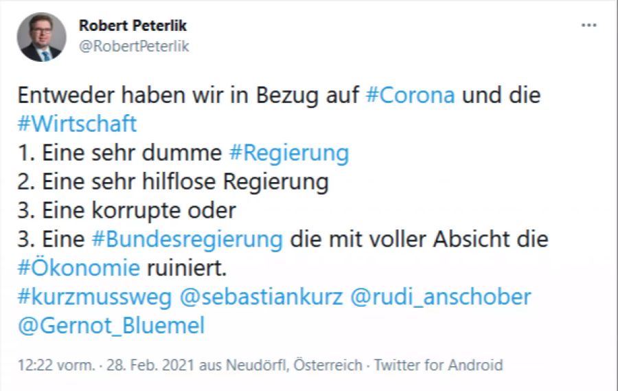 Robert Peterlik kritisiert die Regierung in Österreich im Bezug auf das Coronavirus.