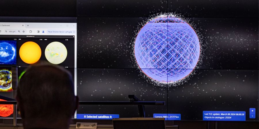 Eine Monitorwand zeigt die Umlaufbahnen Tausender Starlink-Satelliten. Der Internetdienst ist laut Elon Musk nun in einem Krankenhaus in Gaza aktiv. (Archivbild)