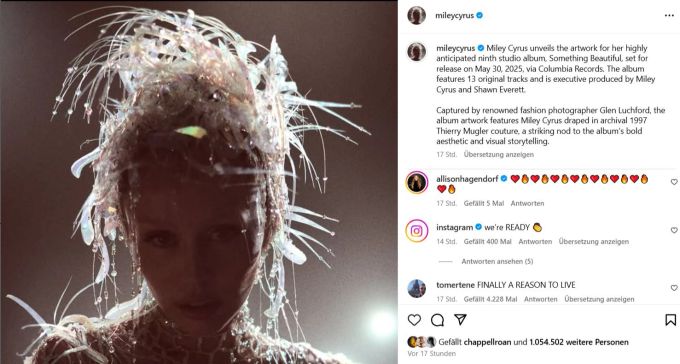 Miley Cyrus zeigt das Coverbild für ihr neues Album auf Instagram. Miley Cyrus Album