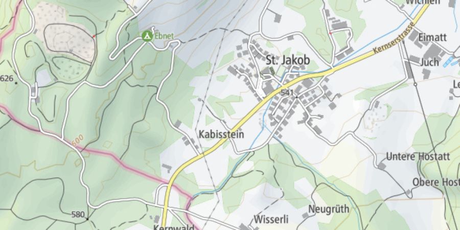 Die Strasse durch den Ennetmooser Ortsteil St. Jakob soll bis zur Kantonsgrenze (rot eingezeichnet) einen neuen Fuss- und Veloweg erhalten.