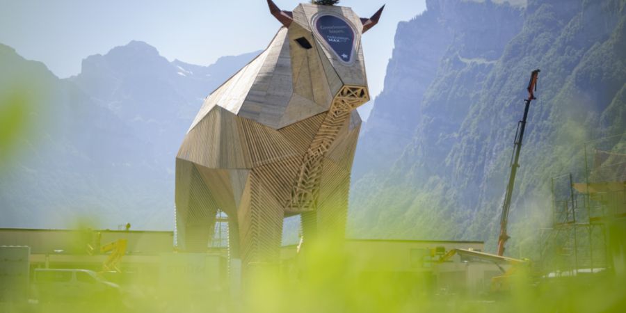 Der 21 Meter hohe Holzstier Max ist für das Eidgenössische Schwing- und Älplerfest 2025 in Mollis GL gebaut worden. (Archivaufnahme)