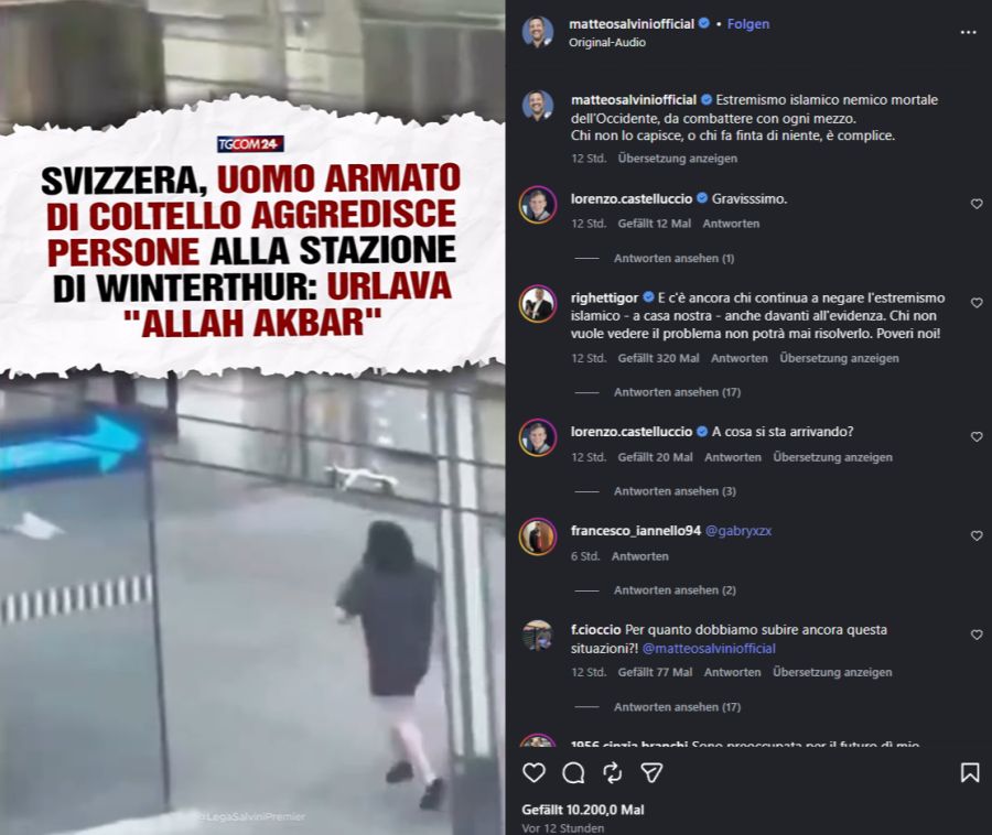 Italiens Vize-Regierungschef Matteo Salvini postet auf Instagram zum Messerangriff in Winterthur.