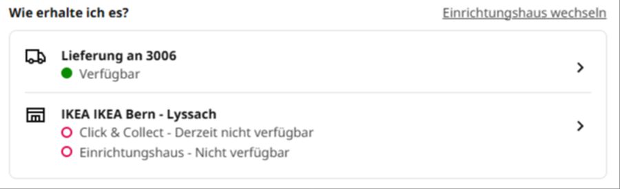 Sobald man die Postleitzahl der Bernerin eingibt, zeigt es den Artikel als «verfügbar» für Lieferungen an.
