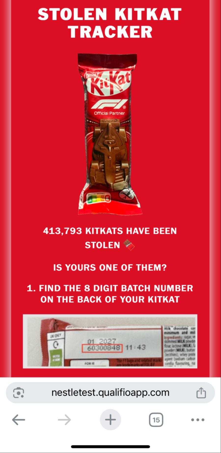 Geben User im Tracker-Tool von Kitkat die Chargennummer eines Kitkat-Produkts ein, finden sie heraus, ob sie eines aus der gestohlenen Lieferung erwischt haben.