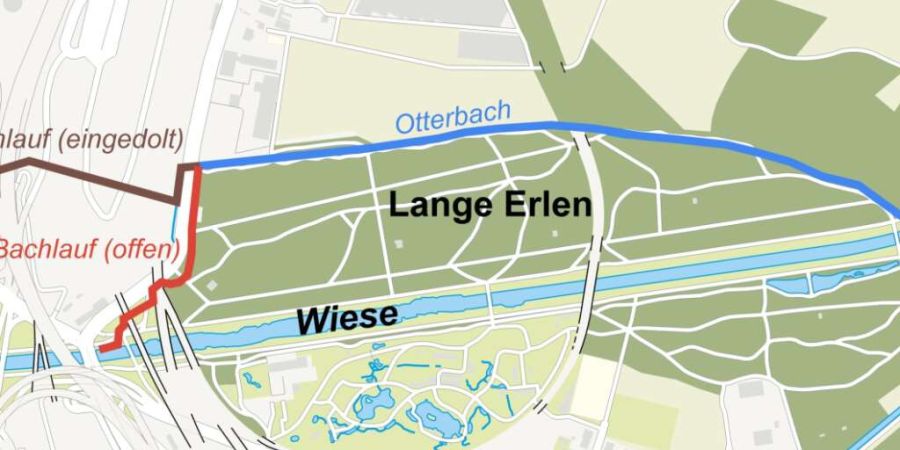 Der letzte Abschnitt des Otterbachs in den Basler Langen Erlen soll künftig nicht mehr eingedolt, sondern in einem neuen Bachbett oberirdisch in die Wiese fliessen.