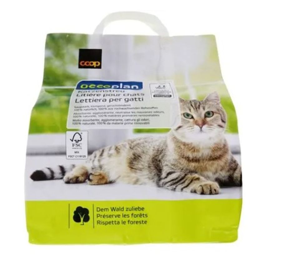 Bei Coop gibt es etwa für knapp zehn Franken eine Zehn-Liter-Packung Oecoplan Katzenstreu.