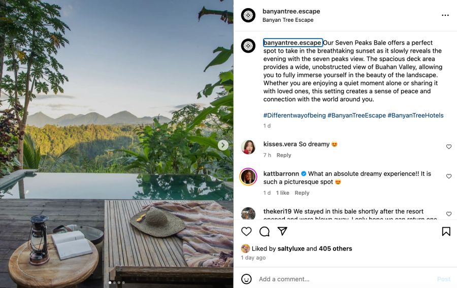 Bali Instagram, Terrasse mit Pool und Bergsicht.