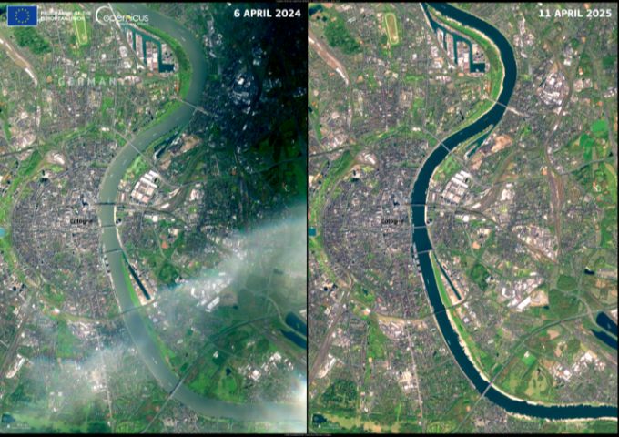 Der Wasserpegel des Rheins bei Köln im Vergleich: Links am 6. April 2024 und rechts am 11. April 2025. Rhein Pegel Wetter Trockenheit