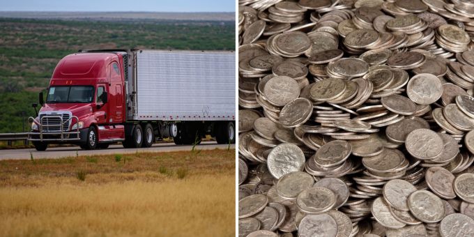 Ein LKW in Texas mit Millionen geladener Zehn-Cent-Münzen hat seine wertvolle Ladung nach einem Unfall auf der ganzen Strasse verteilt. Unfall LKW Geldregen